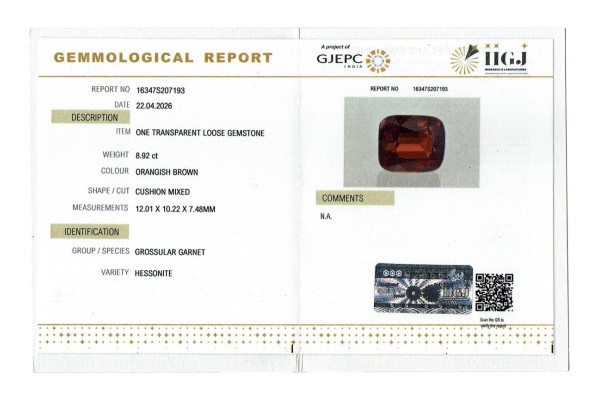 IIGJ Research & Laboratories | GJEPC Report for 8.92 cts Natural Hessonite Garnet (Gomedh)