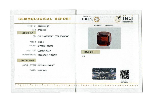 IIGJ Research & Laboratories | GJEPC Report for 11.72 cts Natural Hessonite Garnet (Gomedh)