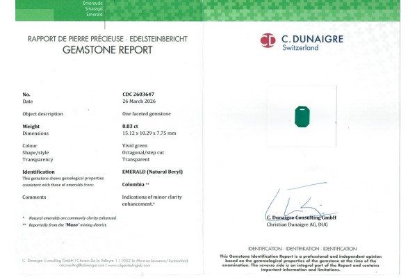 C Dunaigre Switzerland Report for 8.83 cts Natural Emerald - Colombia (Panna)