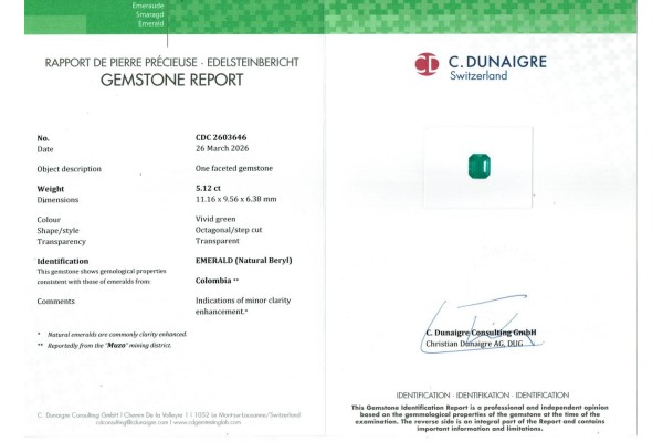 C Dunaigre Switzerland Report for 5.12 cts Natural Emerald - Colombia (Panna)
