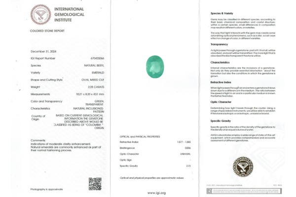 International Gemological Institute Report for 2.28 cts Natural Emerald - Colombia (Panna)
