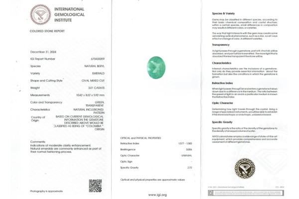 International Gemological Institute Report for 3.01 cts Natural Emerald - Colombia (Panna)