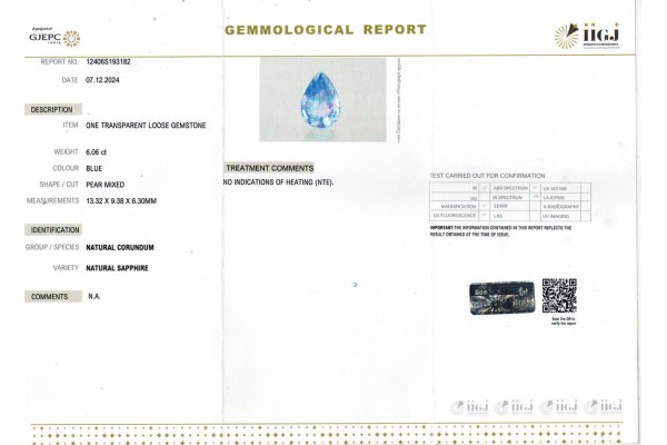 IIGJ Research & Laboratories | GJEPC Report for 6.06 cts Unheated Natural Blue Sapphire (Neelam)