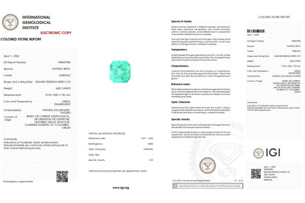 International Gemological Institute Report for 4.48 cts Natural Emerald - Colombia (Panna)