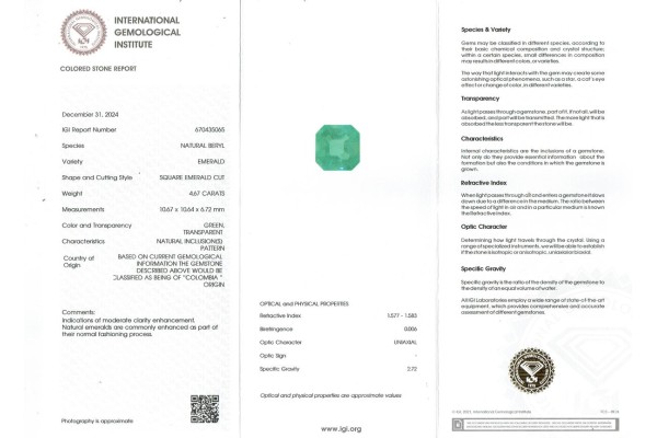 International Gemological Institute Report for 4.67 cts Natural Emerald - Colombia (Panna)