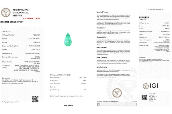 International Gemological Institute Report for 2.66 cts Natural Emerald - Colombia (Panna)