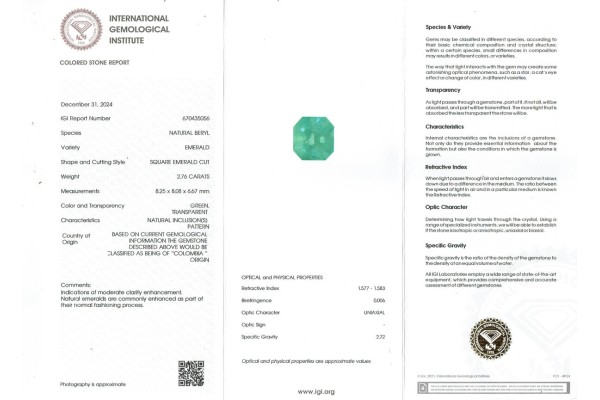 International Gemological Institute Report for 2.76 cts Natural Emerald - Colombia (Panna)