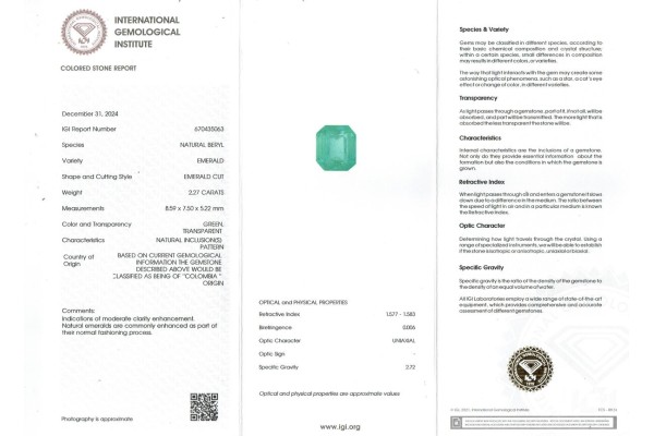 International Gemological Institute Report for 2.27 cts Natural Emerald - Colombia (Panna)