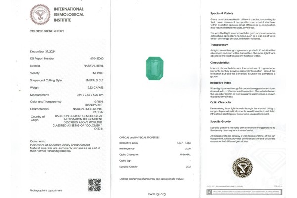 International Gemological Institute Report for 2.82 cts Natural Emerald - Colombia (Panna)