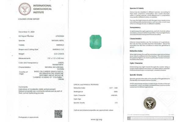 International Gemological Institute Report for 2.23 cts Natural Emerald - Colombia (Panna)