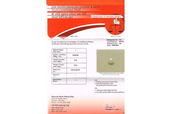 Shri Zaveri Mahajan Zaverat Report for 5.49 cts Natural Pearl (Moti)