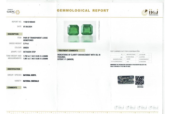 IIGJ Research & Laboratories | GJEPC Report for 3.74 cts Natural Emerald (Panna) - Earring Pair