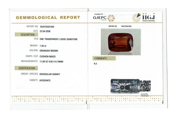 IIGJ Research & Laboratories | GJEPC Report for 7.26 cts Natural Hessonite Garnet (Gomedh)