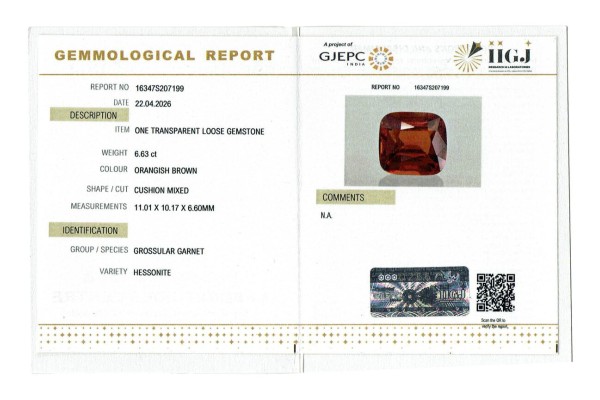 IIGJ Research & Laboratories | GJEPC Report for 6.63 cts Natural Hessonite Garnet (Gomedh)