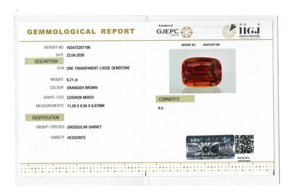 IIGJ Research & Laboratories | GJEPC Report for 6.21 cts Natural Hessonite Garnet (Gomedh)