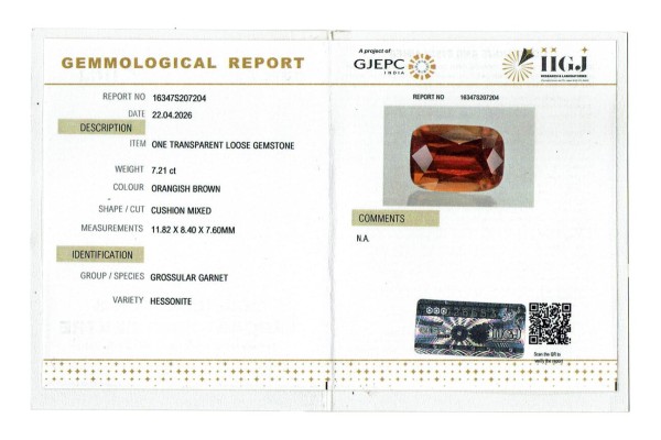 IIGJ Research & Laboratories | GJEPC Report for 7.21 cts Natural Hessonite Garnet (Gomedh)