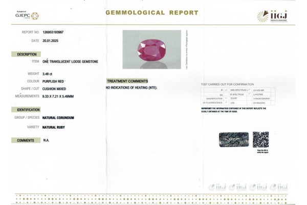 IIGJ Research & Laboratories | GJEPC Report for 3.48 cts Unheated Natural Ruby (Manikya)