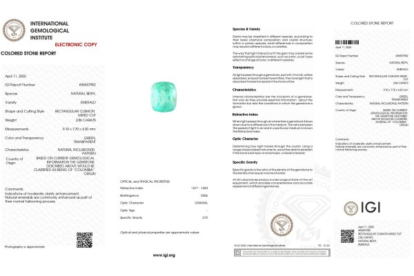 International Gemological Institute Report for 2.86 cts Natural Emerald - Colombia (Panna)