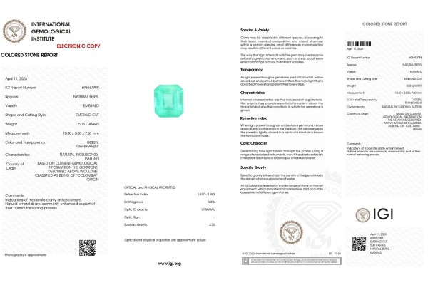 International Gemological Institute Report for 5.03 cts Natural Emerald - Colombia (Panna)