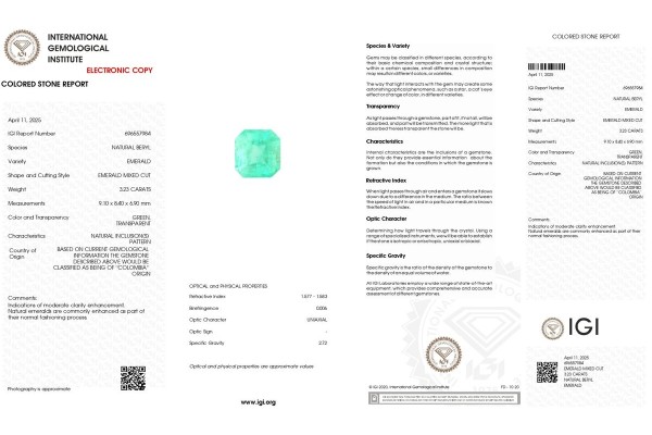 International Gemological Institute Report for 6.7 cts Natural Emerald - Colombia (Panna) - Earring Pair