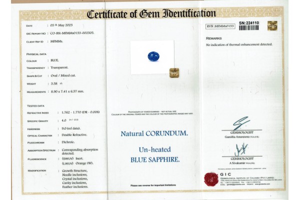 Gemmological Institute of Colombo Report for 3.58 cts Unheated Natural Blue Sapphire (Neelam)