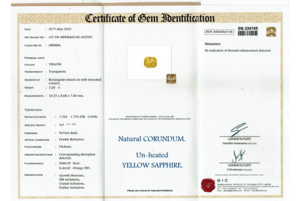 Gemmological Institute of Colombo Report for 7.05 cts Unheated Natural Yellow Sapphire (Pukhraj)