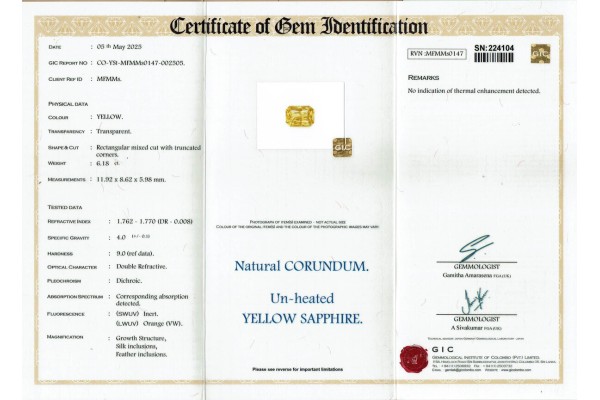Gemmological Institute of Colombo Report for 6.18 cts Unheated Natural Yellow Sapphire (Pukhraj)