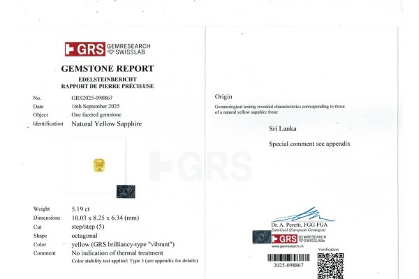 Gem Research SwissLab Report for 5.19 cts Unheated Natural Yellow Sapphire - Srilanka (Ceylon) (Pukhraj)