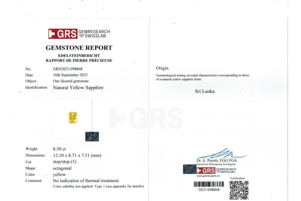 Gem Research SwissLab Report for 8.3 cts Unheated Natural Yellow Sapphire - Srilanka (Ceylon) (Pukhraj)