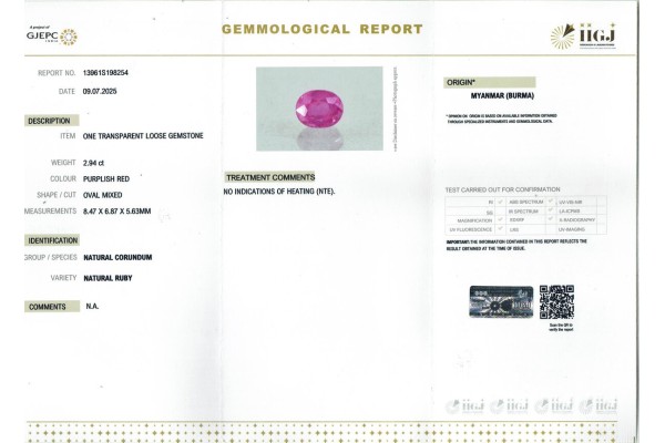 IIGJ Research & Laboratories | GJEPC Report for 2.94 cts Unheated Natural Ruby - Myanmar (Burma) (Manikya)