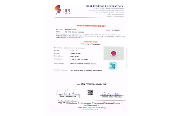 Gem Testing Laboratory | GJEPC Report for 2.23 cts Unheated Natural Ruby (Manikya)