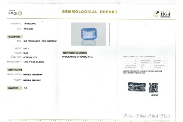 IIGJ Research & Laboratories | GJEPC Report for 8.73 cts Unheated Natural Blue Sapphire (Neelam)