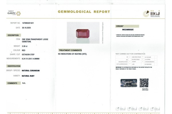 IIGJ Research & Laboratories | GJEPC Report for 3.30 cts Unheated Natural Ruby - Mozambique (Manikya)
