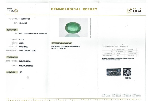 IIGJ Research & Laboratories | GJEPC Report for 8.33 cts Natural Emerald (Panna)