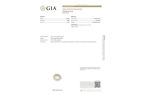 Gemological Institute of America Report for 4.56 cts Natural Pearl (Moti)