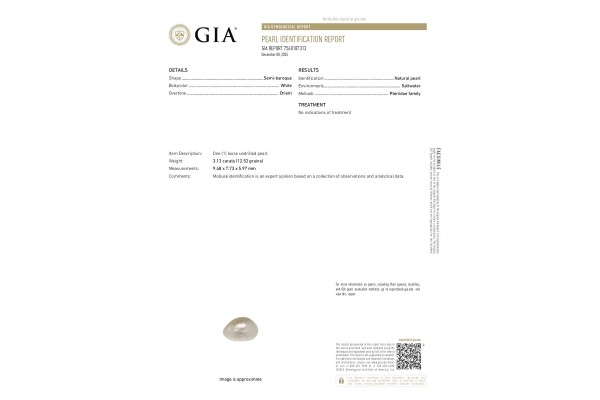 Gemological Institute of America Report for 3.13 cts Natural Pearl (Moti)