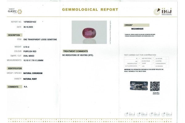 IIGJ Research & Laboratories | GJEPC Report for 4.10 cts Unheated Natural Ruby - Mozambique (Manikya)