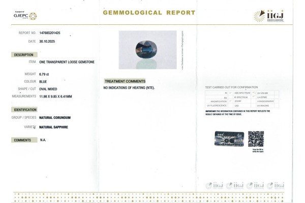 IIGJ Research & Laboratories | GJEPC Report for 6.79 cts Unheated Natural Blue Sapphire (Neelam)