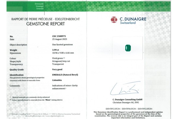C Dunaigre Switzerland Report for 3.99 cts Natural Emerald - Colombia (Panna)