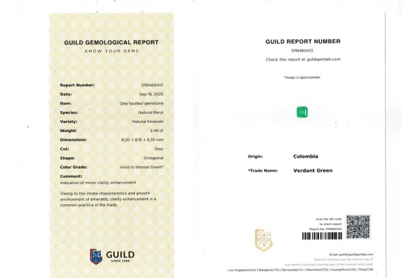 Guild Gem Lab Report for 2.49 cts Natural Emerald - Colombia (Panna)