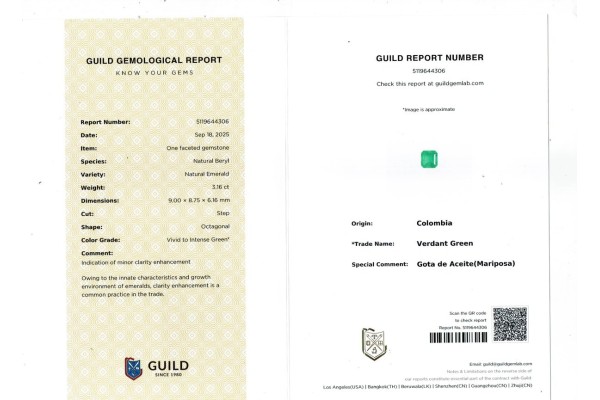 Guild Gem Lab Report for 3.16 cts Natural Emerald - Colombia (Panna)