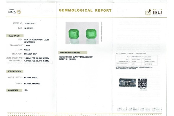IIGJ Research & Laboratories | GJEPC Report for 2.91 cts Natural Emerald (Panna) - Earring Pair
