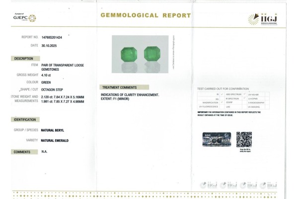 IIGJ Research & Laboratories | GJEPC Report for 4.1 cts Natural Emerald (Panna) - Earring Pair