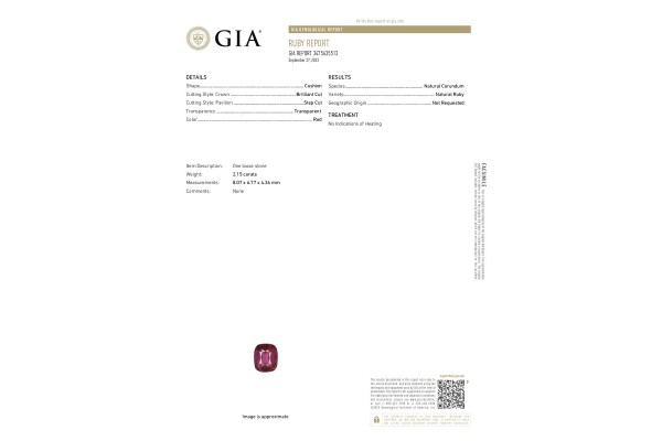 Gemological Institute of America Report for 2.15 cts Unheated Natural Ruby (Manikya)