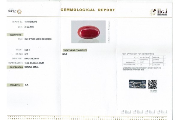 IIGJ Research & Laboratories | GJEPC Report for 8.98 cts Natural Coral (Moonga)