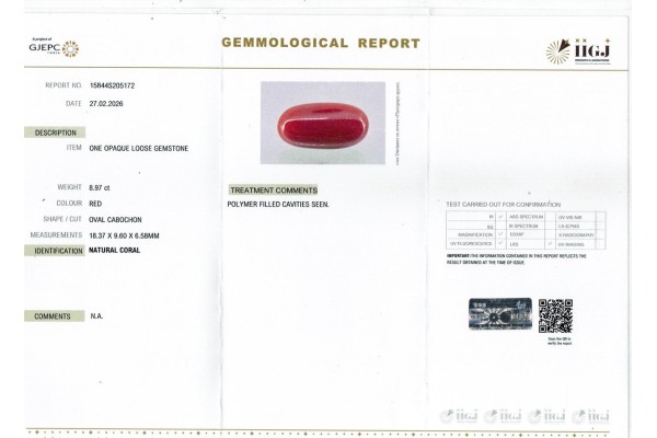 IIGJ Research & Laboratories | GJEPC Report for 8.97 cts Natural Coral (Moonga)
