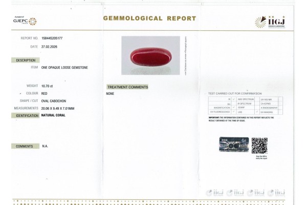 IIGJ Research & Laboratories | GJEPC Report for 10.7 cts Natural Coral (Moonga)