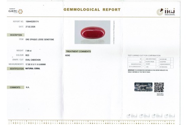 IIGJ Research & Laboratories | GJEPC Report for 7.99 cts Natural Coral (Moonga)