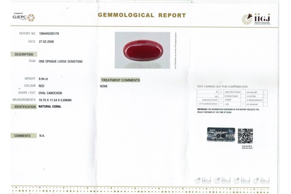 IIGJ Research & Laboratories | GJEPC Report for 9.94 cts Natural Coral (Moonga)