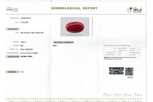 IIGJ Research & Laboratories | GJEPC Report for 10.63 cts Natural Coral (Moonga)
